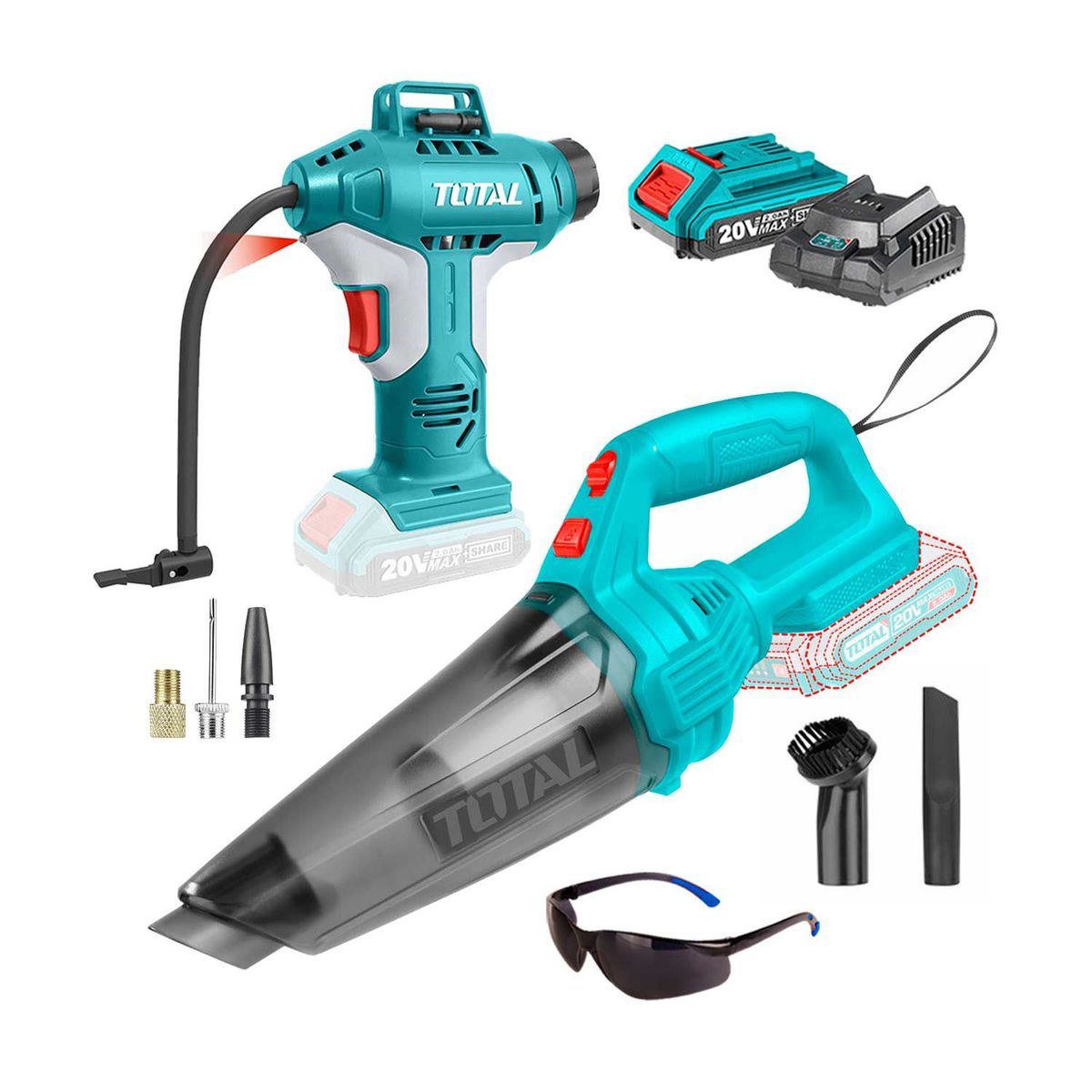 TOTAL TOOLS - ASPIRADORA DE MANO INALAMBRICA + INFLADOR TOTAL 20V CARROS