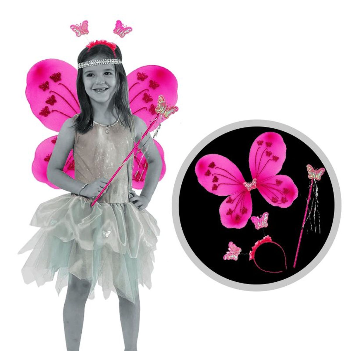 GENERICO - Alitas Mariposa Incluye  Alita -Diadema - Varita/  Fucsia