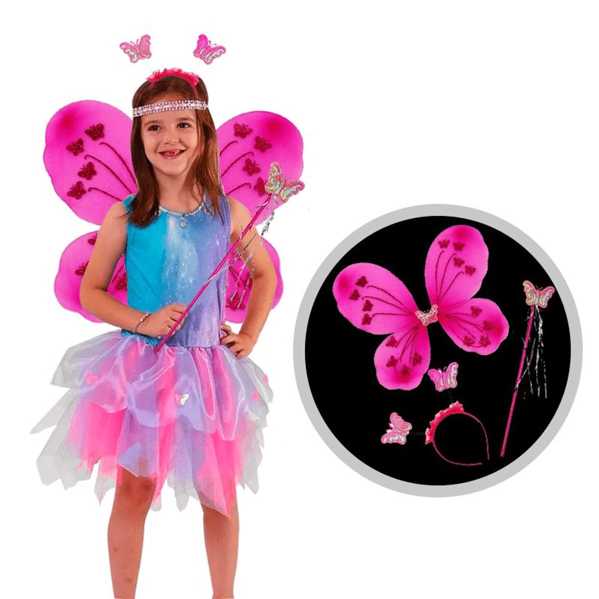 GENERICO - Alitas Mariposa Incluye  Alita -Diadema - Varita/  Fucsia