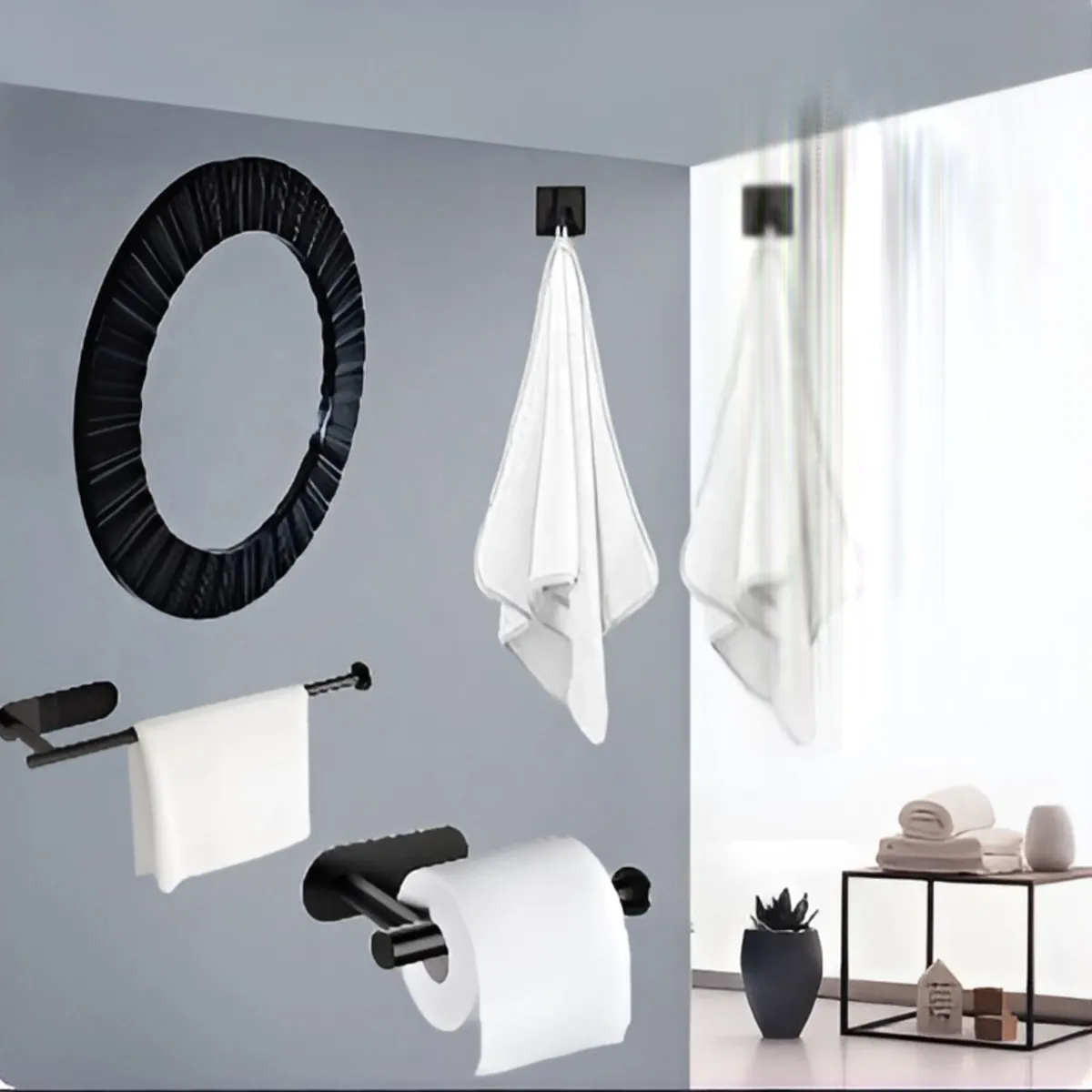 GENERICO - KIT ACCESORIOS DE BAÑO ACERO NEGRO MATE  ESPEJO