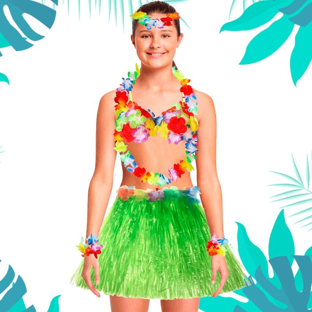 GENERICO - Falda hawaiano vincha-muñequera-collar -brasier para Niñas