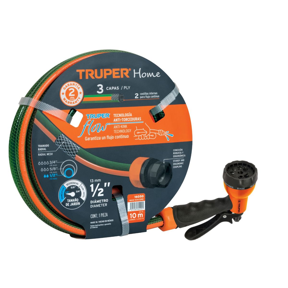 TRUPER - Manguera de Riego 10 Metros + Pistola 8 Funciones