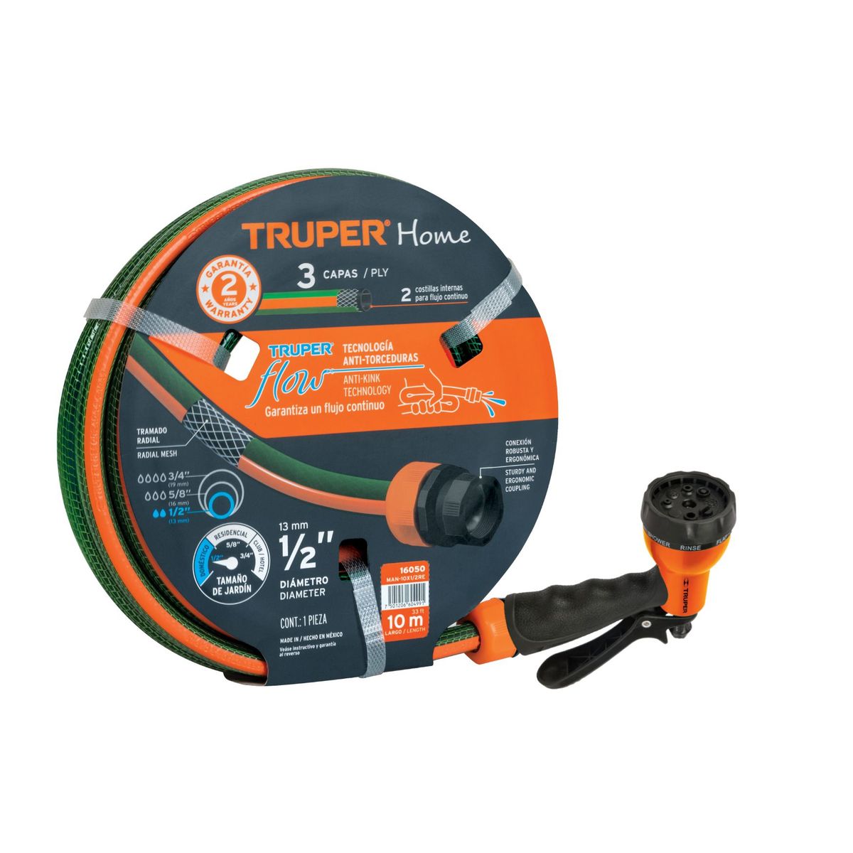 TRUPER - Manguera de Riego 10 Metros + Pistola 8 Funciones