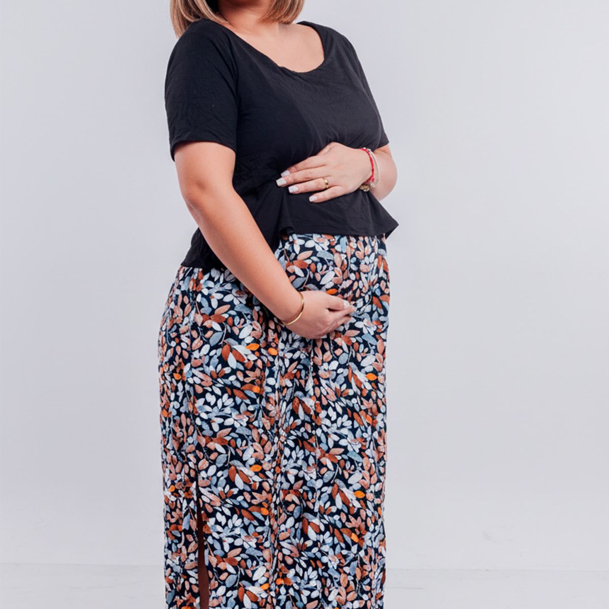 GENERICO - Vestido Maternal Falda Maxi y Polo Aperturas Lactancia FloreadoNegro