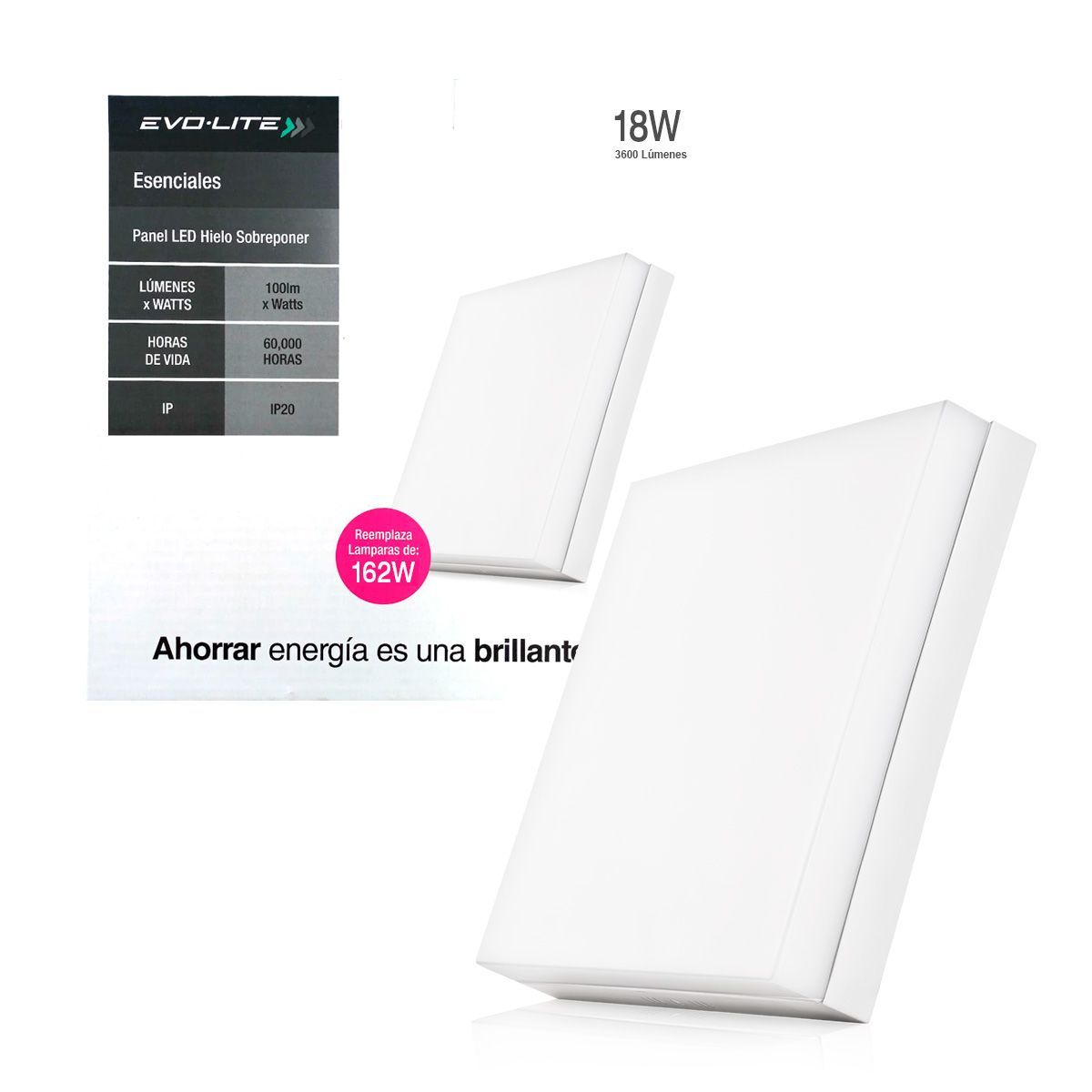 EVOLITE - Plafon led panel hielo 18w cuadrado sobreponer luz cálida