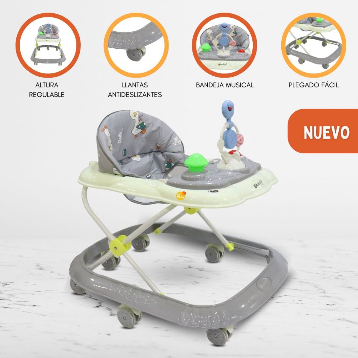 EBABY - Andador con bandeja divertida para Bebés «CRISTAL» Gray
