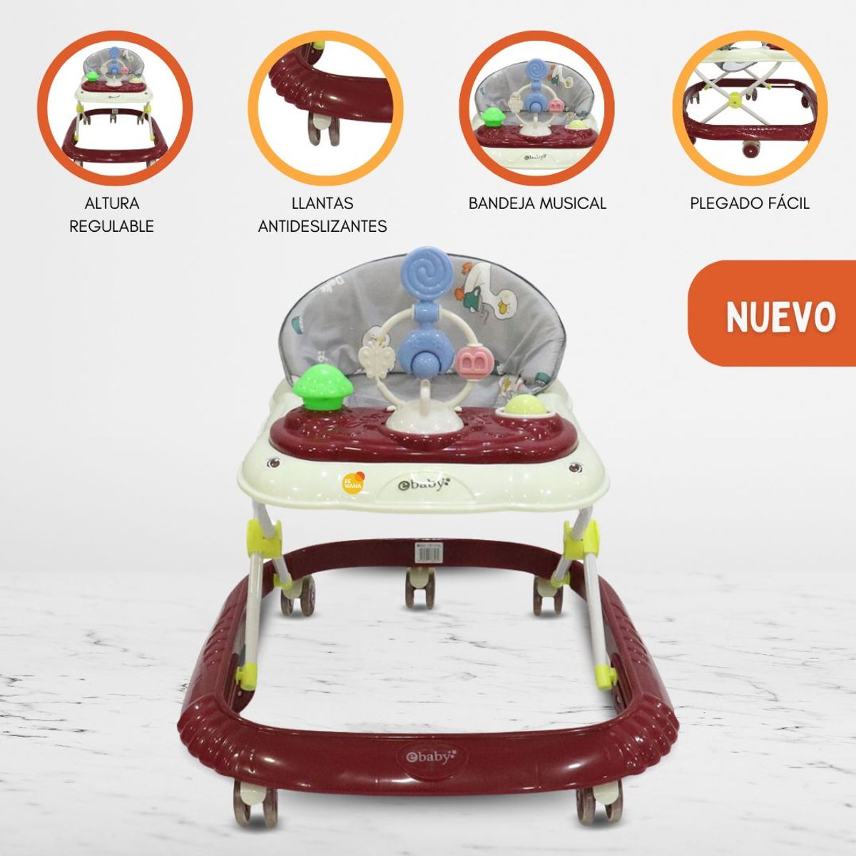 EBABY - Andador con bandeja divertida para Bebés «CRISTAL» Red