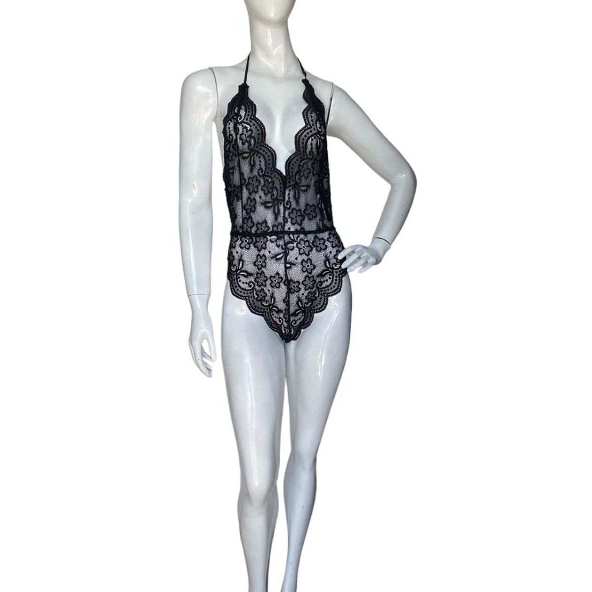 GENERICO - Body negro de encaje floral con detalles en la espalda  Talla M