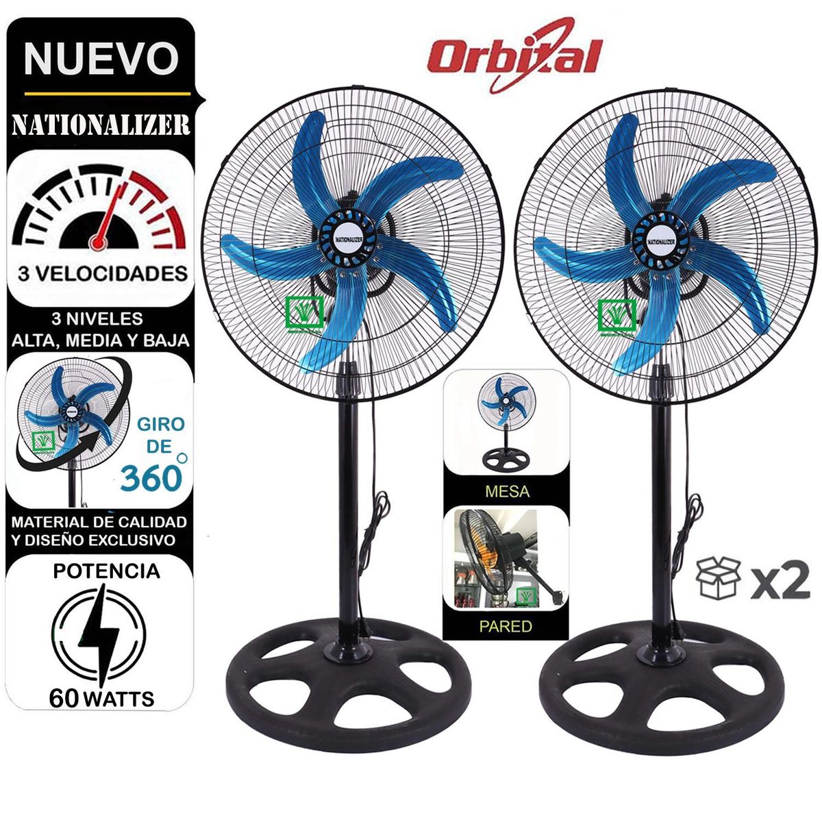 NATIONALIZER - Ventilador Orbital de 18″ 60W Nationalizer Negro Caja de 2U
