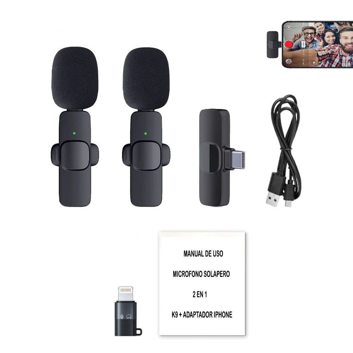 NANOTRON TECHNOLOGIES - Microfonos inalambricos solaperos 2 en 1 K9 Tipo C y Adaptador Iphone