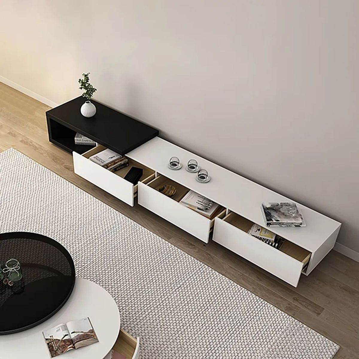 TU MESITA - Mesa de Tv Contemporánea Minogue Blanco-Negro 265 cm TU MESITA