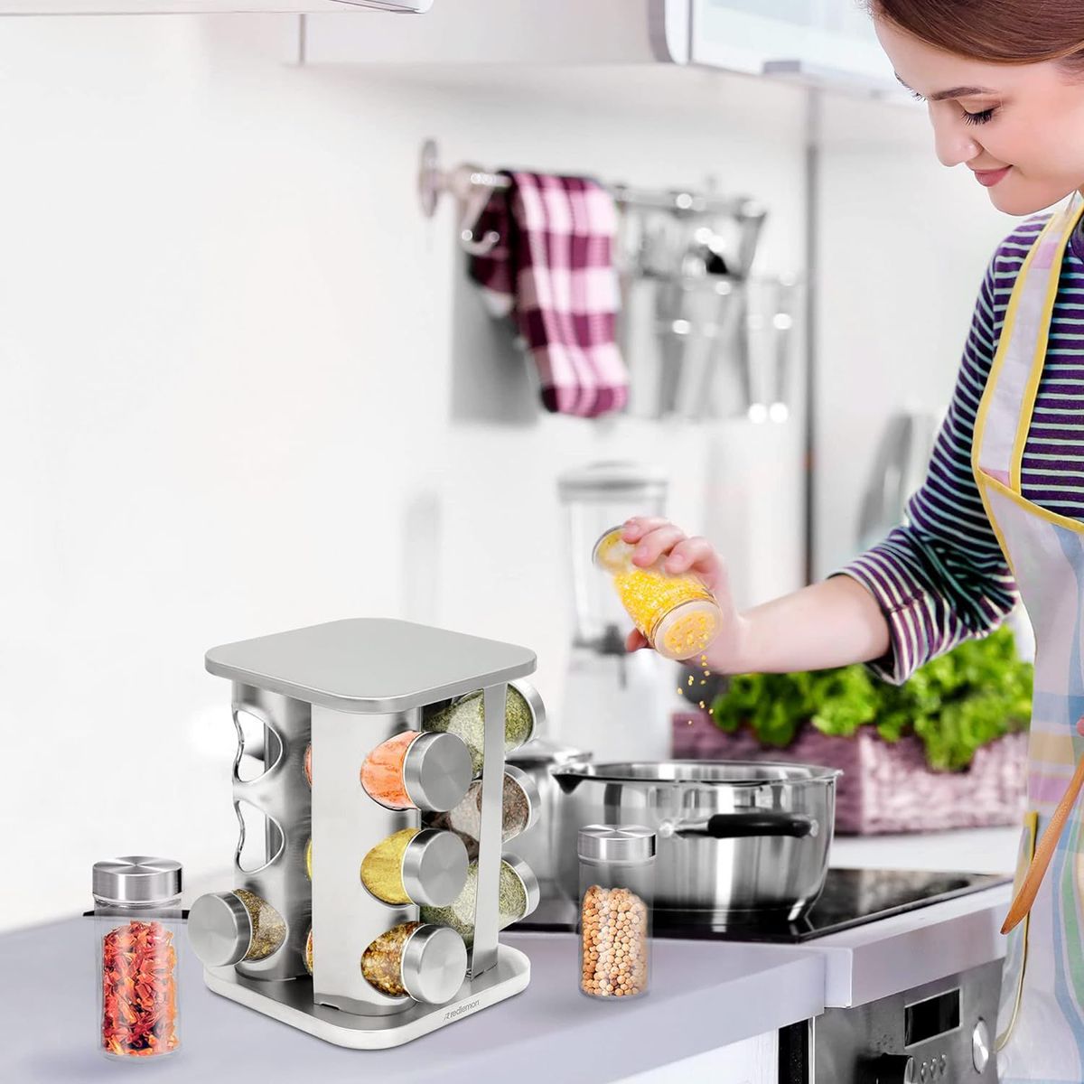 GENERICO - Condimentero Giratorio Especiero 12 piezas Inox cuadrado