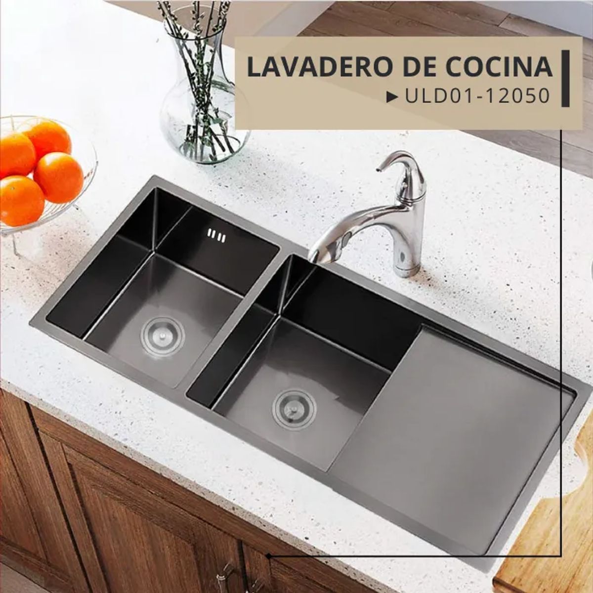 XM - LAVADERO DE COCINA 2 POZAS CON ESCURRIDERO NEGRO ULD01-12050