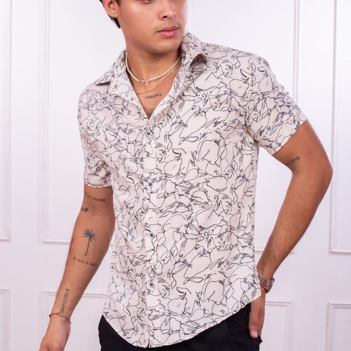 DM DEXMEN - Camisa Dexmen Seda con diseño Crema Promoción