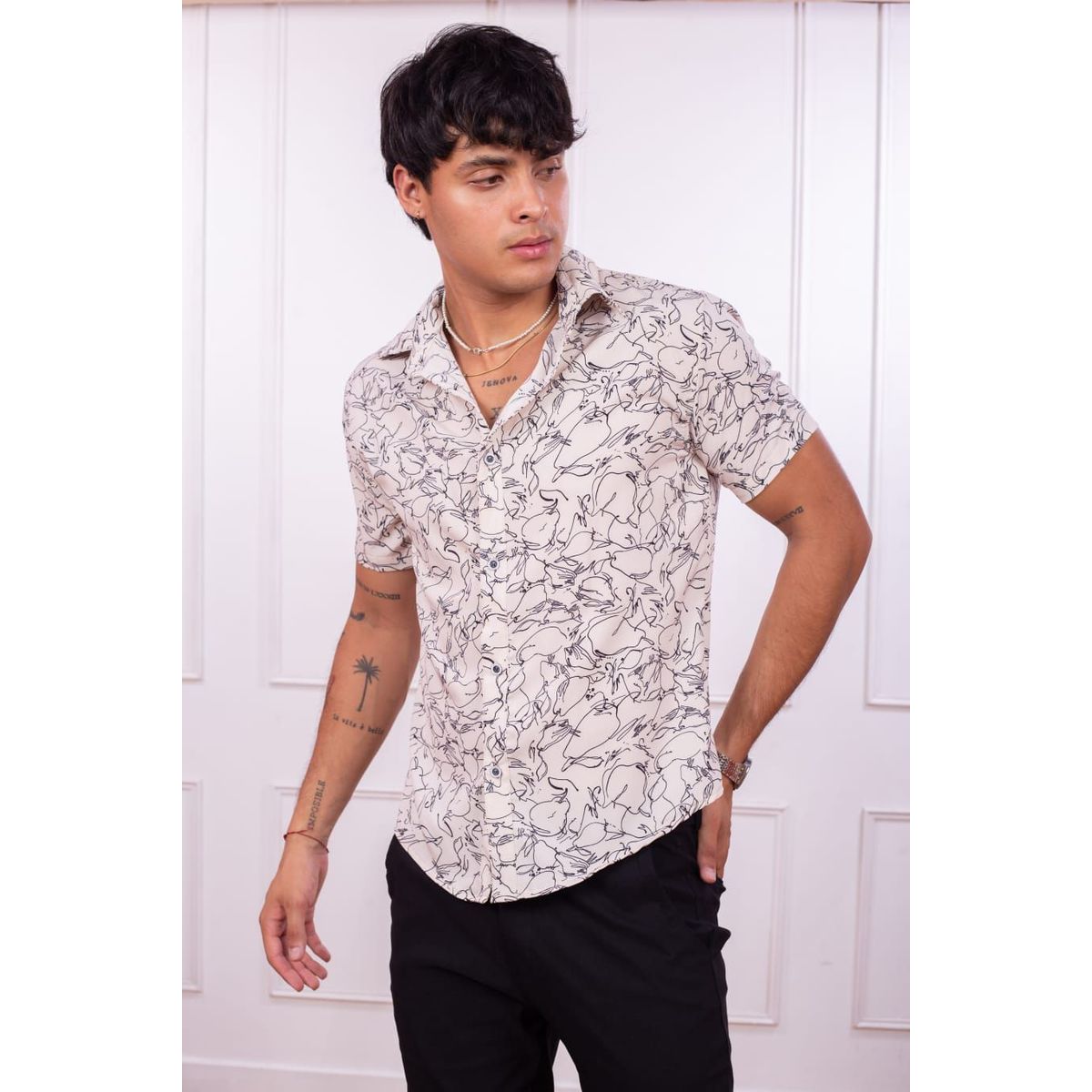 DM DEXMEN - Camisa Dexmen Seda con diseño Crema Promoción