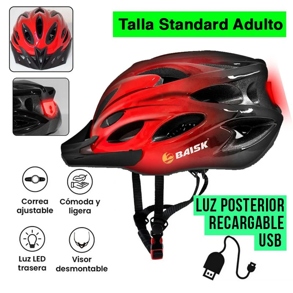 GENERICO - Casco para Bicicleta con Luz Recargable USB Ciclismo - Rojo