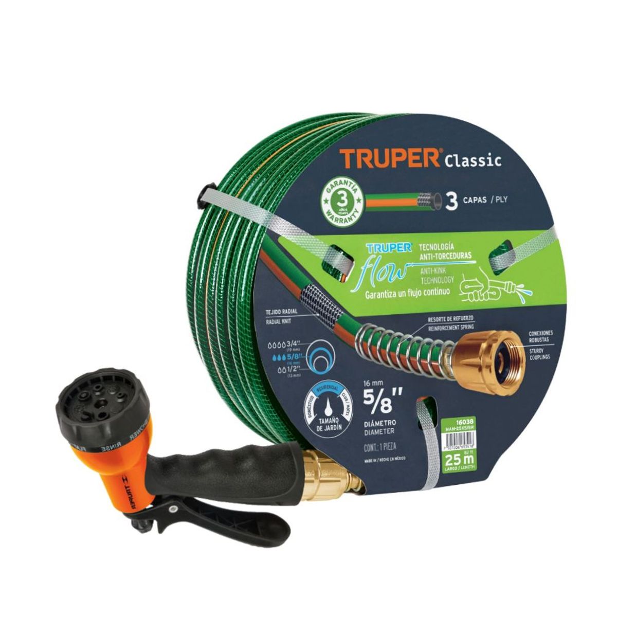 TRUPER - Manguera de Riego 5/8" 25 METROS Conexión Metálicas + Pistola 8 Func