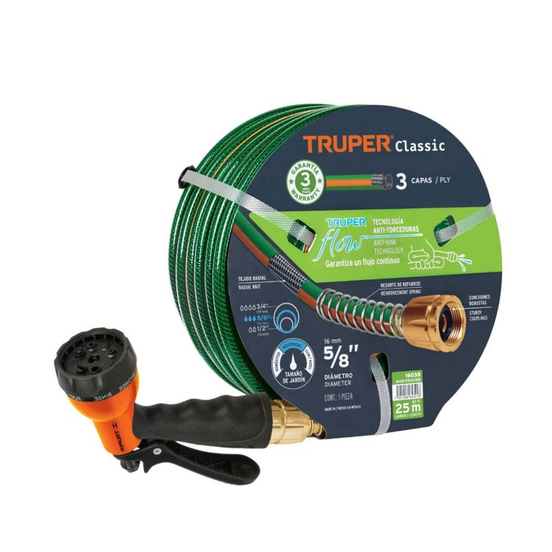 TRUPER - Manguera de Riego 5/8" 25 METROS Conexión Metálicas + Pistola 8 Func