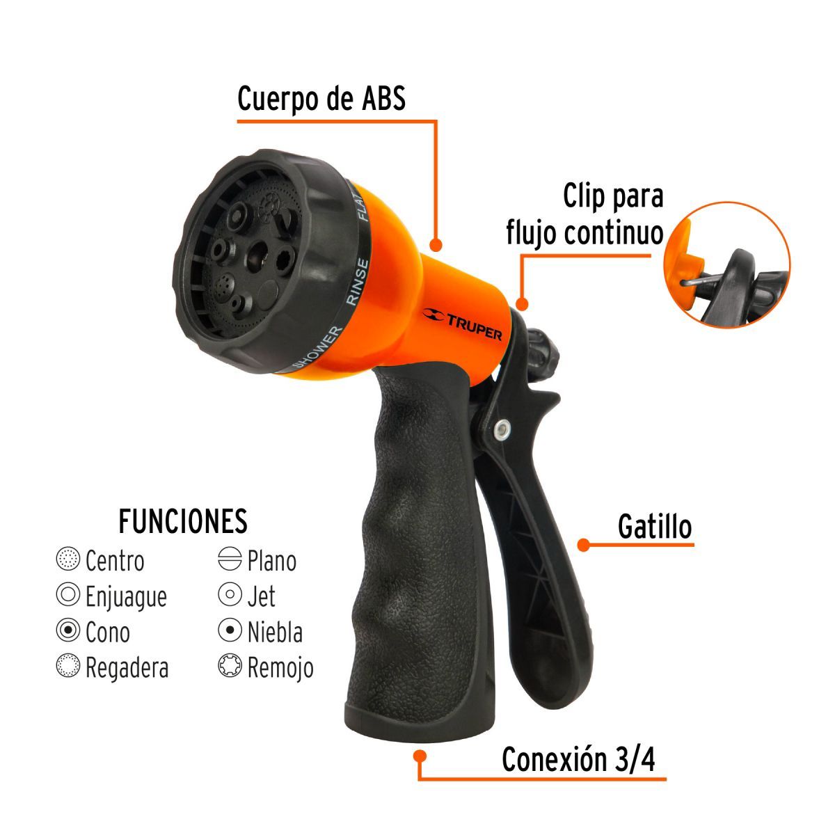 TRUPER - Manguera de Riego 5/8" 25 METROS Conexión Metálicas + Pistola 8 Func