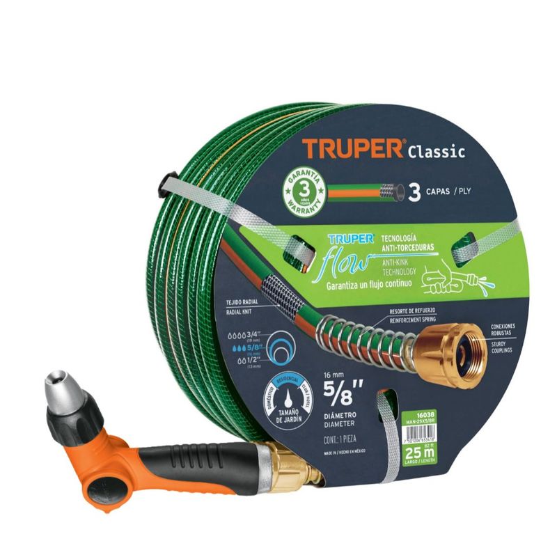 TRUPER - Manguera de Riego 5/8" 25 METROS Conexión Metálicas + Pistola 2 Func