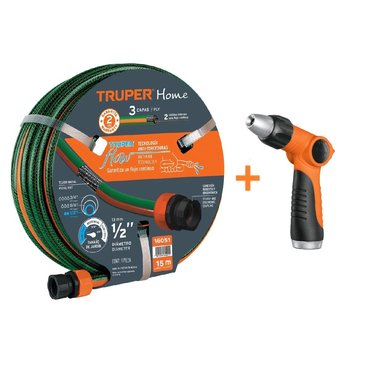TRUPER - Manguera de Riego 15 Metros + Pistola de riego 2 funciones