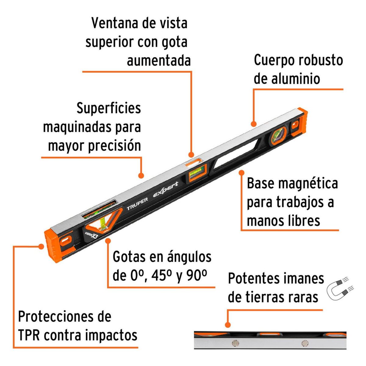 TRUPER - Nivel de mano de aluminio magnético 24 Truper Expert