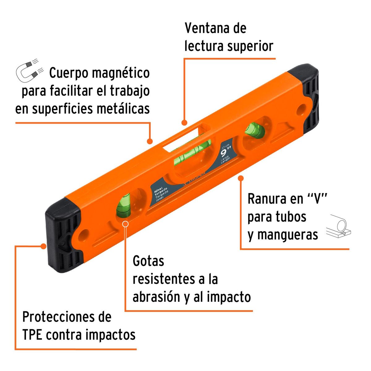 TRUPER - Nivel torpedo 9 magnetico de ABS Truper