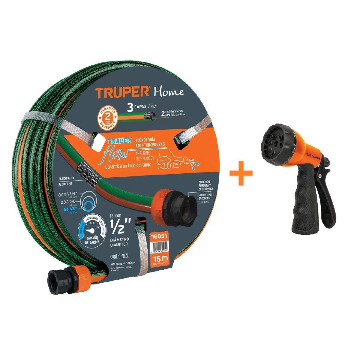 TRUPER - Manguera de Riego 15 Metros + Pistola de riego 8 funciones