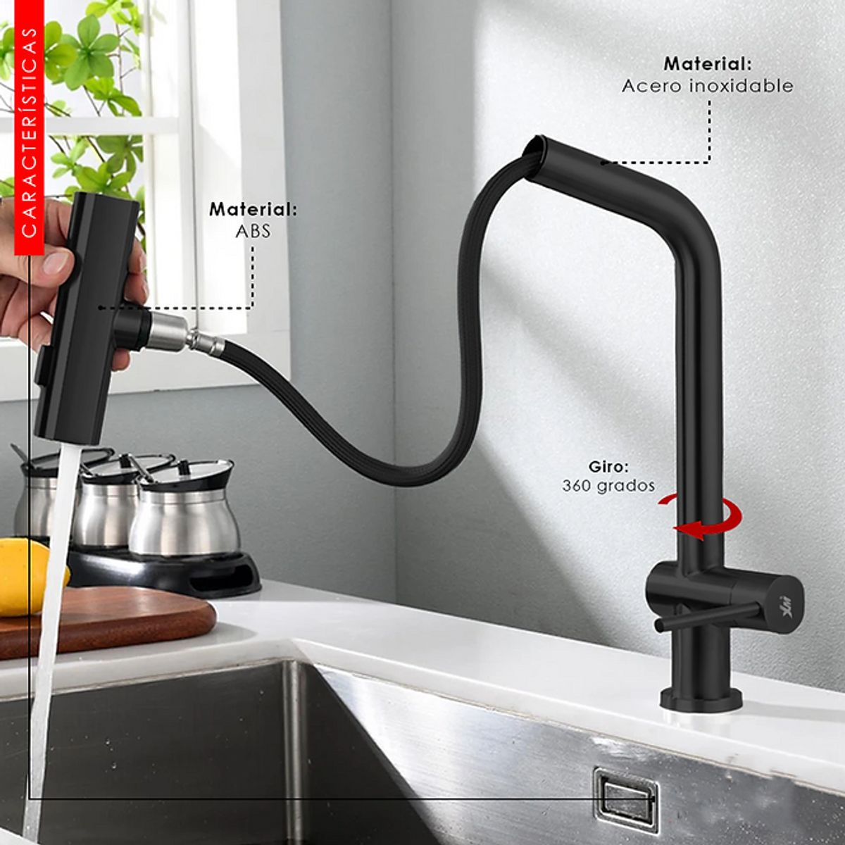 XM - LLAVE DE COCINA NEGRO EXTRAÍBLE MUEBLE LC304-037901
