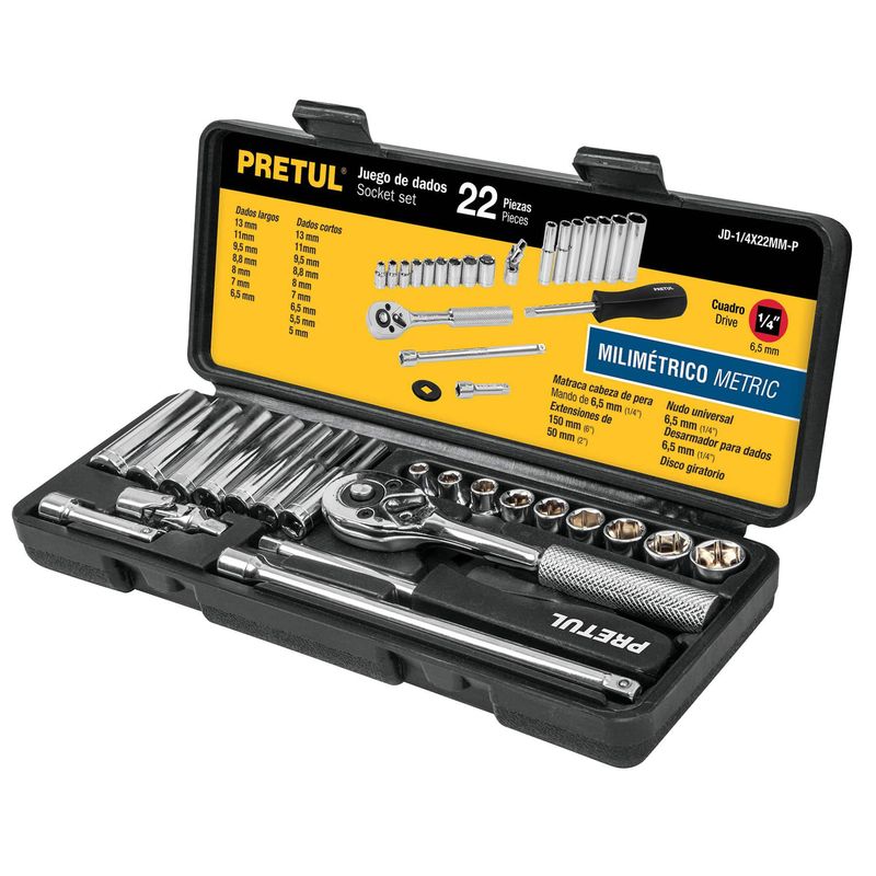 PRETUL - Juego de 22 herramientas 1/4" mm para mecánico