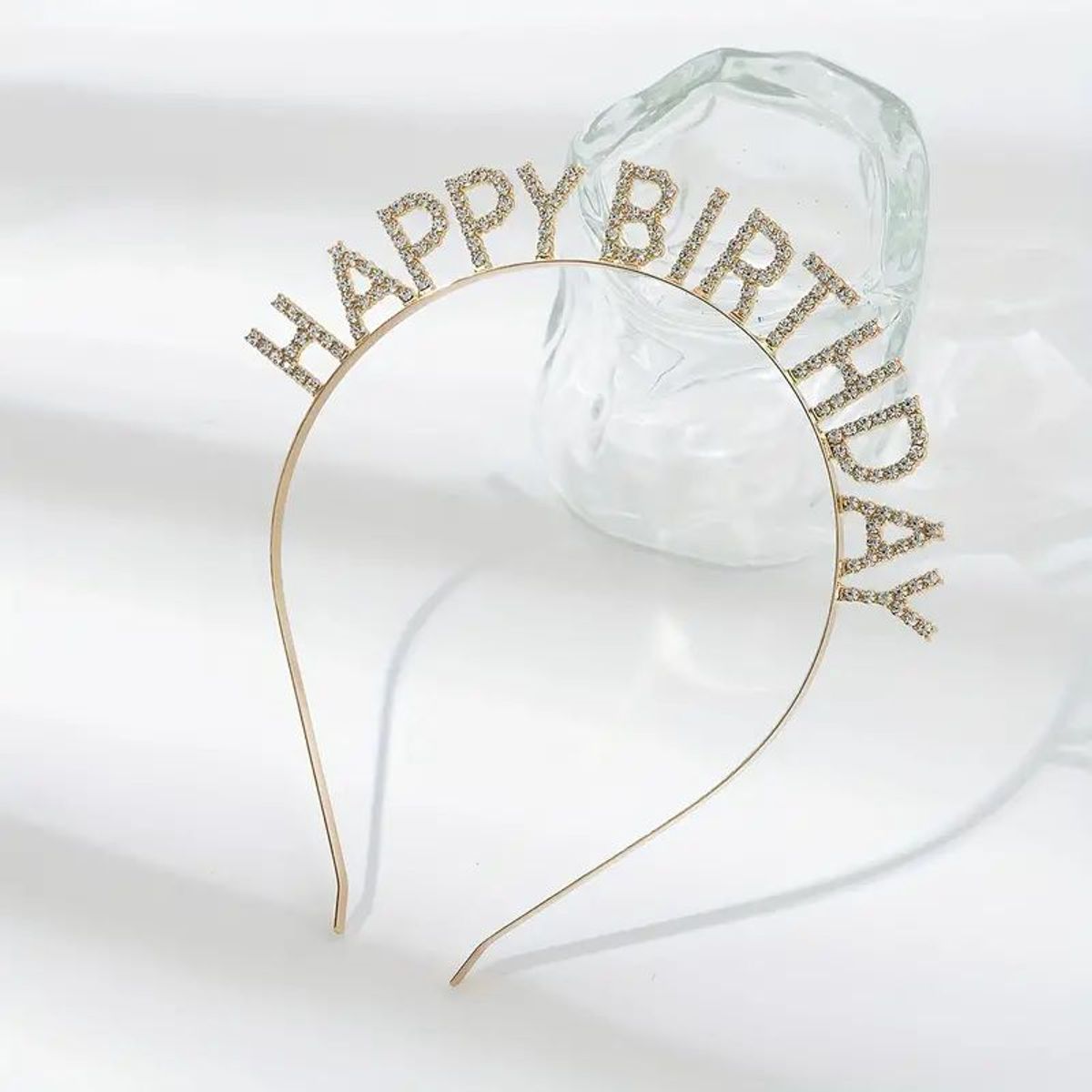 GENERICO - Vincha dorada cumpleaños Happy Birthday metal con piedritas