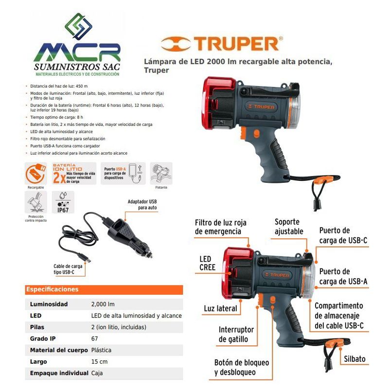 TRUPER - Linterna de LED 2000 lm recargable alta potencia, Truper