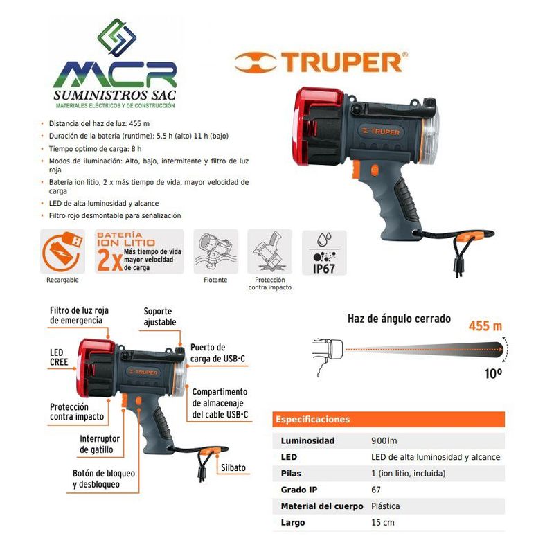 TRUPER - linterna LED de 900 lm recargable de alta potencia TRUPER