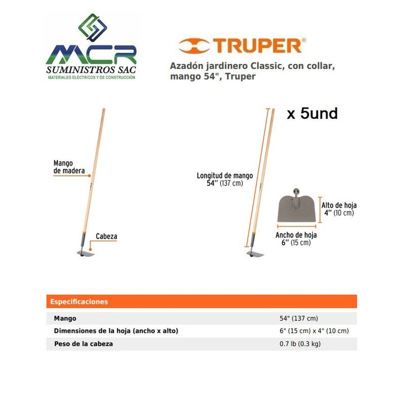 TRUPER - Azadón jardinero Classic con collar y mango 54 X 5Unidades Truper