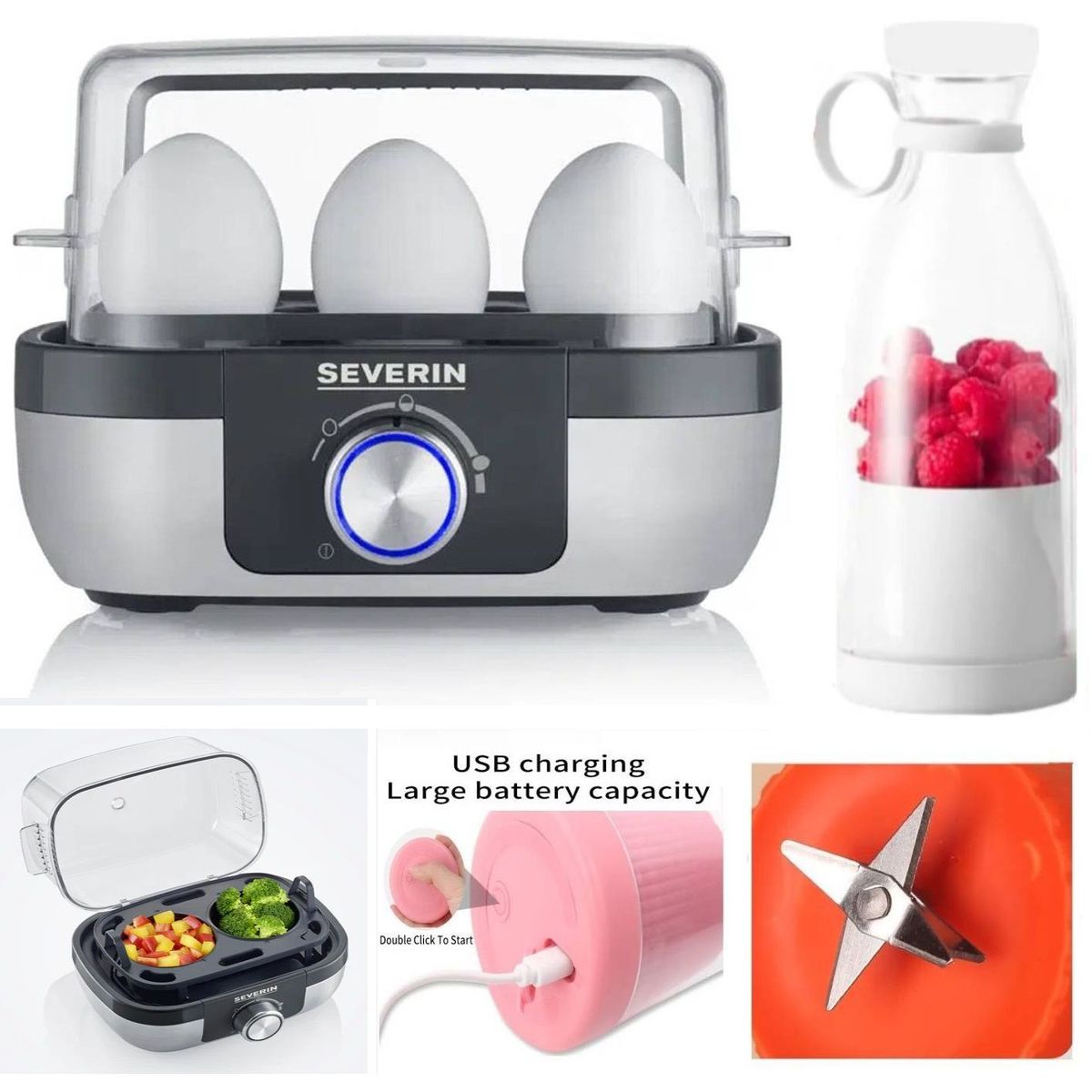 GENERICO - Hervidor Huevos de Acero Inoxidable LED y Licuadora 6 Cuchillas Blanco