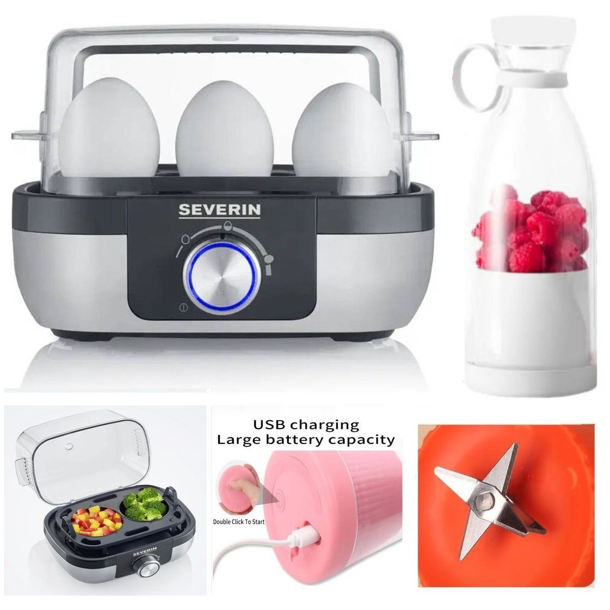 GENERICO - Hervidor Huevos de Acero Inoxidable LED y Licuadora 6 Cuchillas Blanco