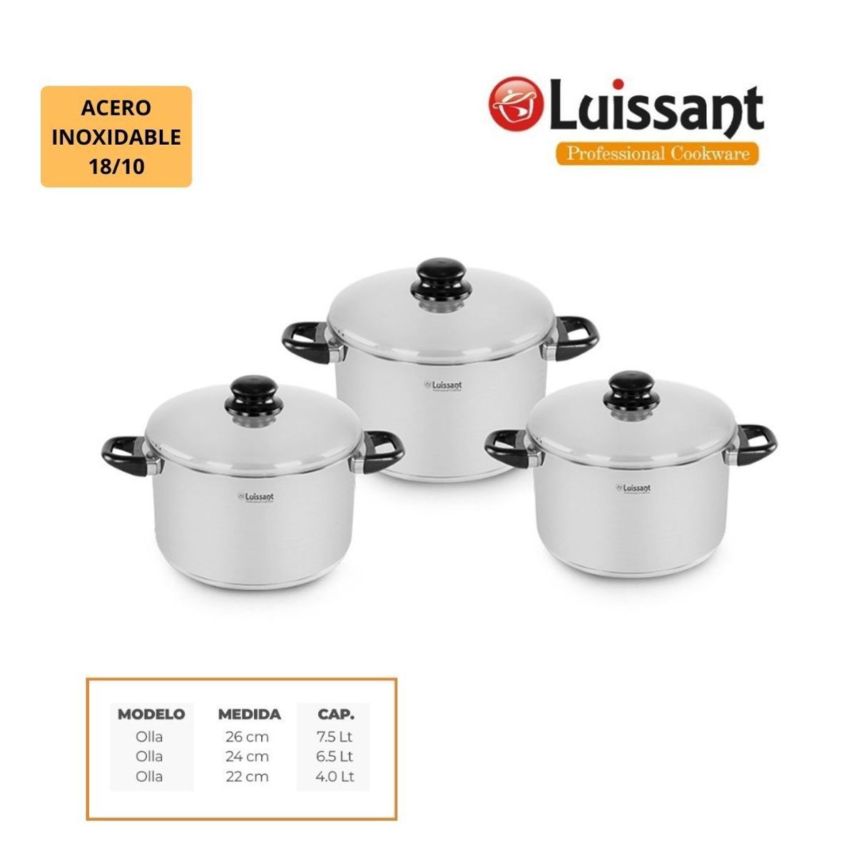 LUISSANT - JUEGO DE OLLAS 6 PZAS ACERO INOXIDABLE LUISSANT