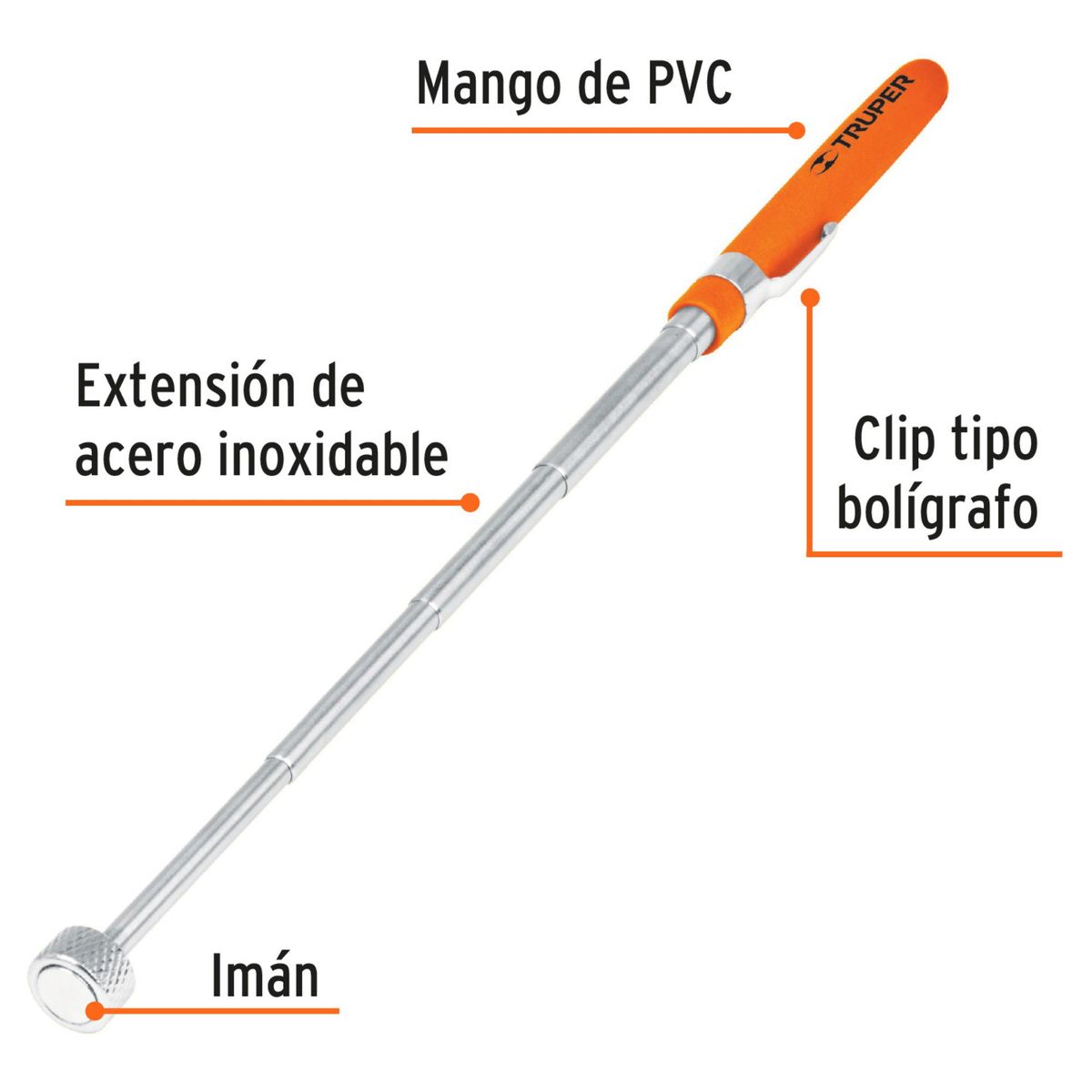 TRUPER - Imán extensible telescópico de acero inoxidable Levanta 3.6 kg, Truper