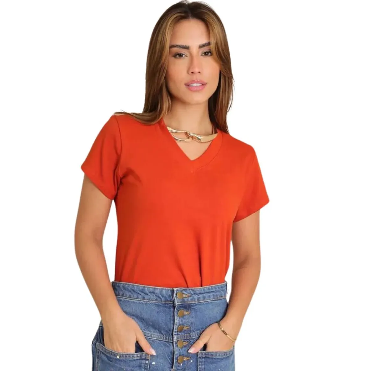 GENERICO - Polo Básico Cuello V de Algodón para Mujer