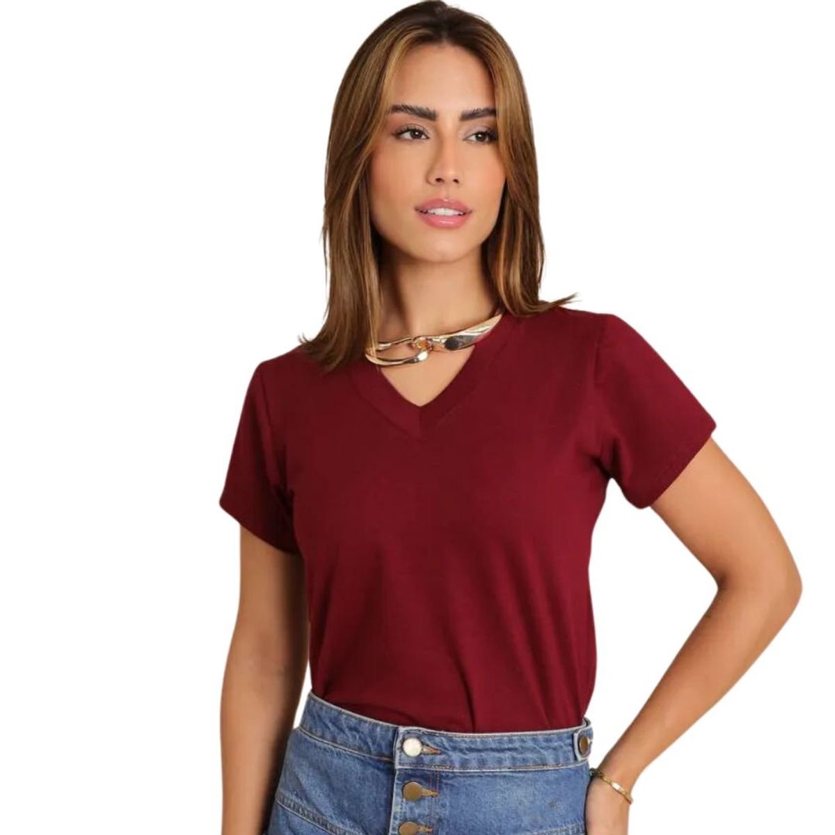 GENERICO - Polo Básico Cuello V de Algodón para Mujer