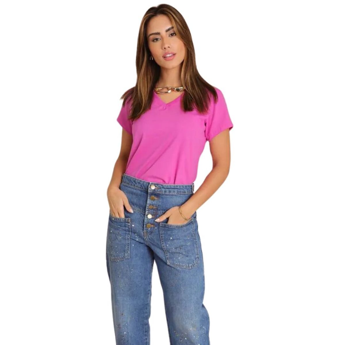 GENERICO - Polo Básico Cuello V de Algodón para Mujer