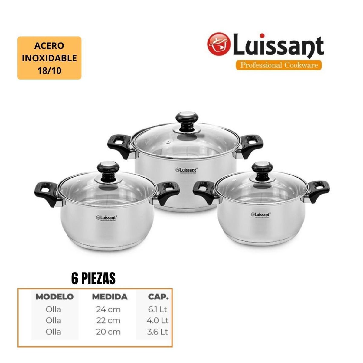 LUISSANT - JUEGO DE OLLAS 6 PZAS EN ACERO INOXIDABLE LUISSANT