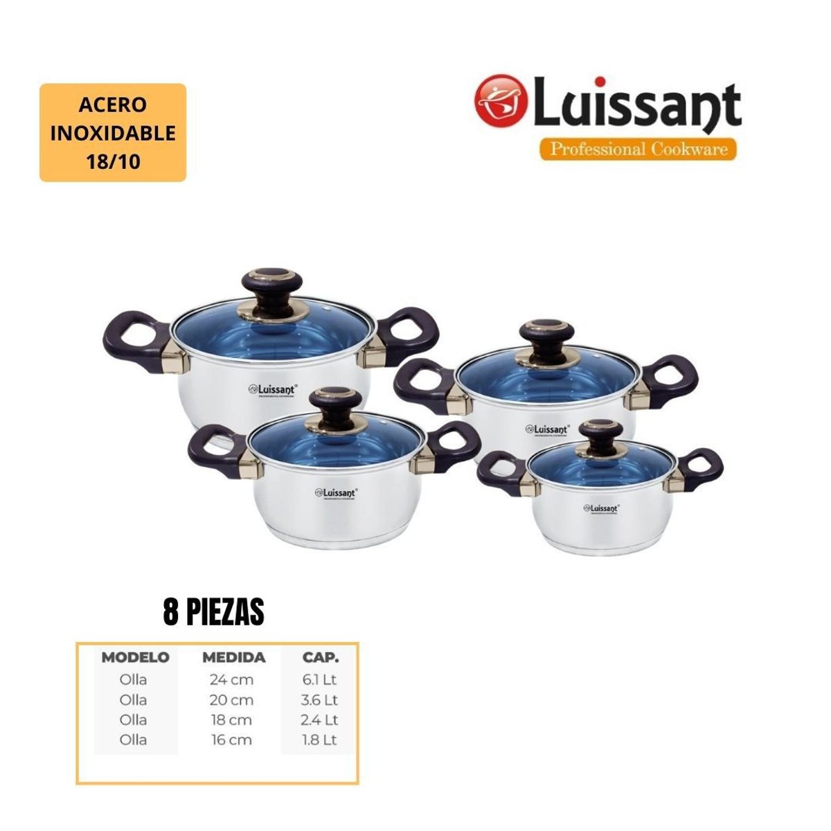 LUISSANT - JUEGO DE OLLAS 8 PZAS EN ACERO INOXIDABLE LUISSANT