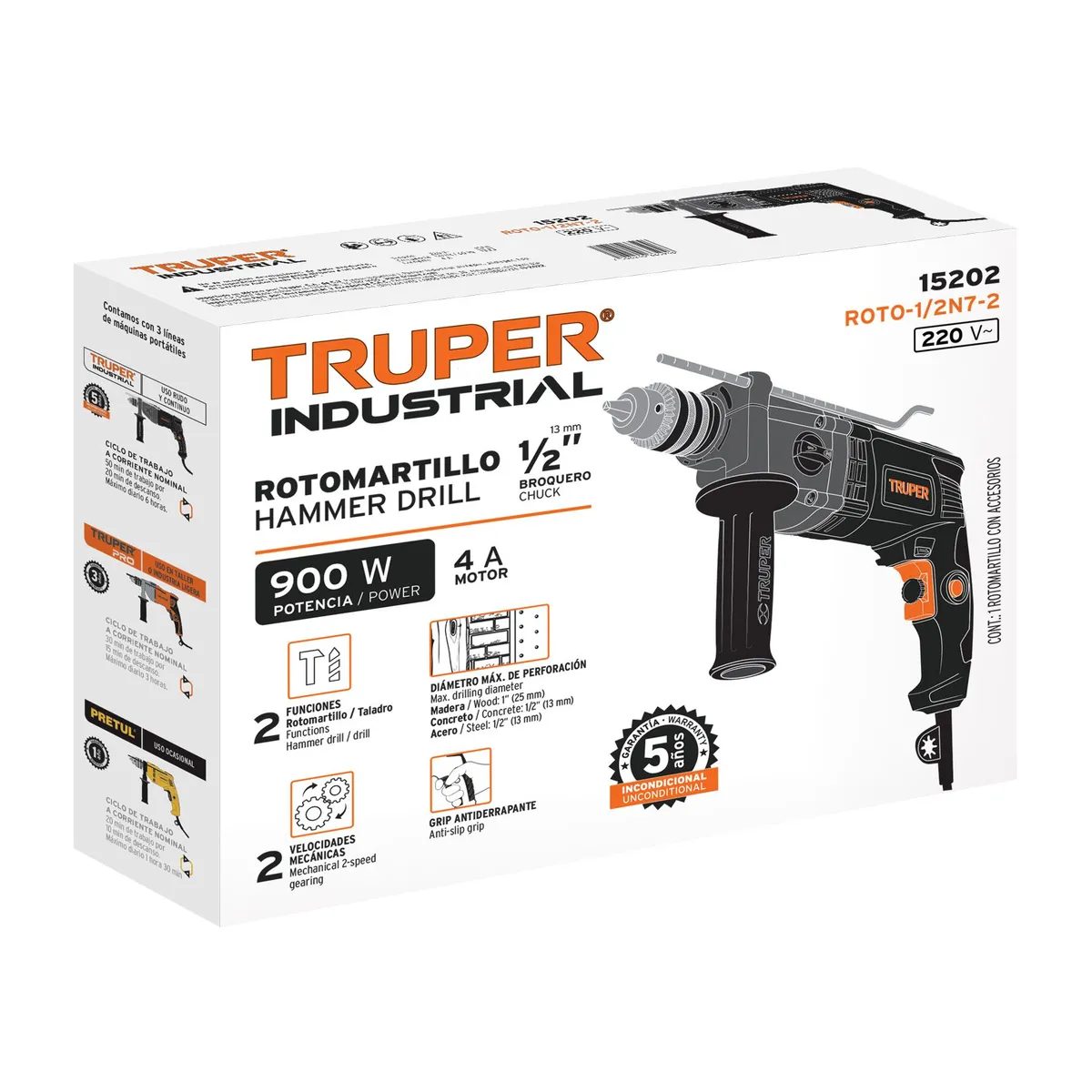 TRUPER - Rotomartillo 1/2" industrial, 900 W, 220 V