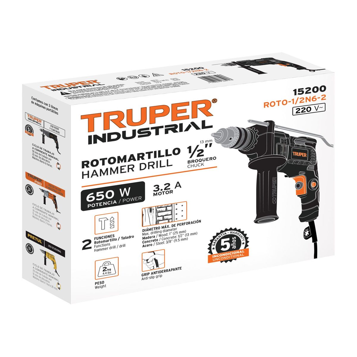 TRUPER - Rotomartillo 1/2" industrial, 650 W, 220 V