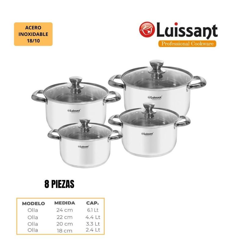 LUISSANT - JUEGO DE OLLAS DE 8 PZAS EN ACERO INOXIDABLE LUISSANT