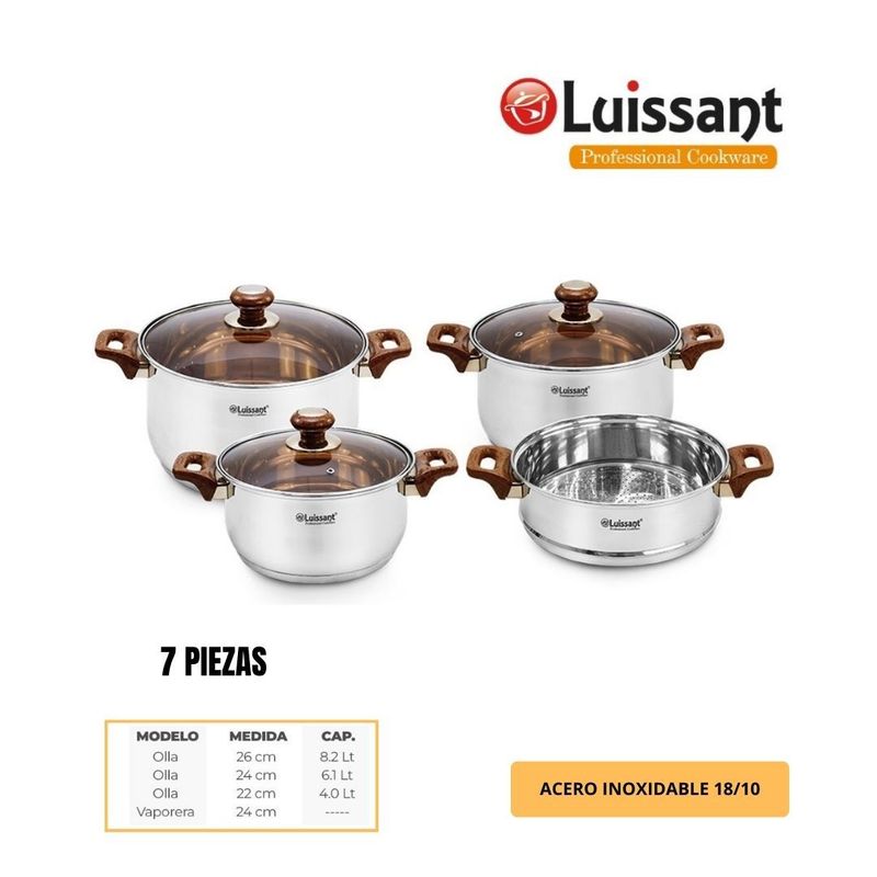 LUISSANT - JUEGO DE OLLAS  DE  7 PZAS EN ACERO INOXIDABLE LUISSANT