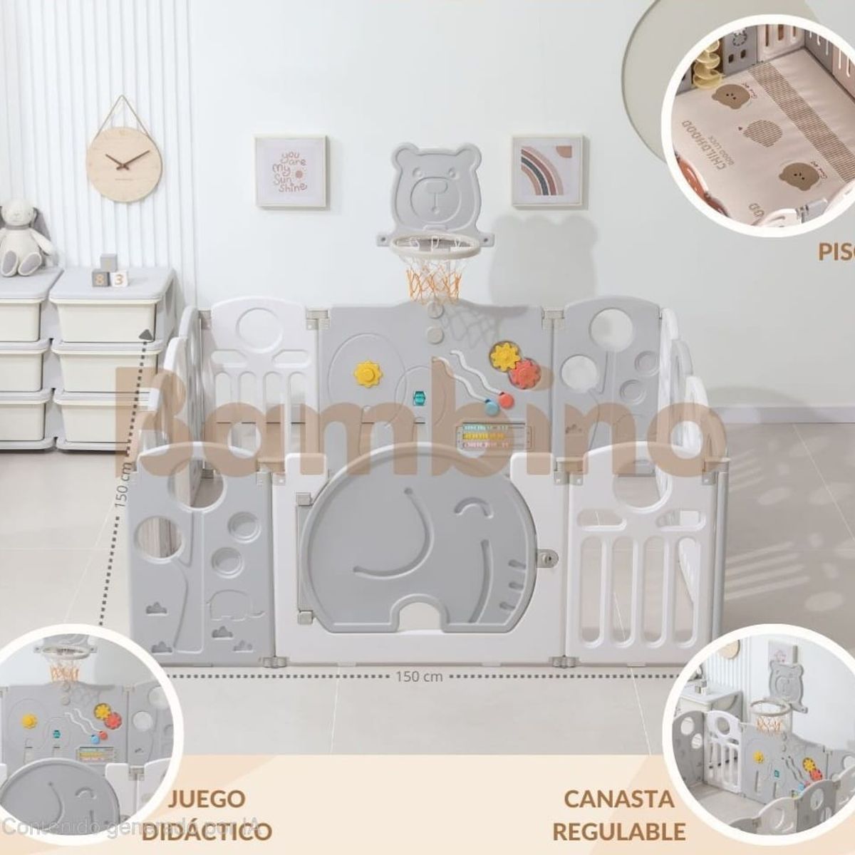 BABY - Corral para Niños Vallas Cerco Plegable con Juegos Gris