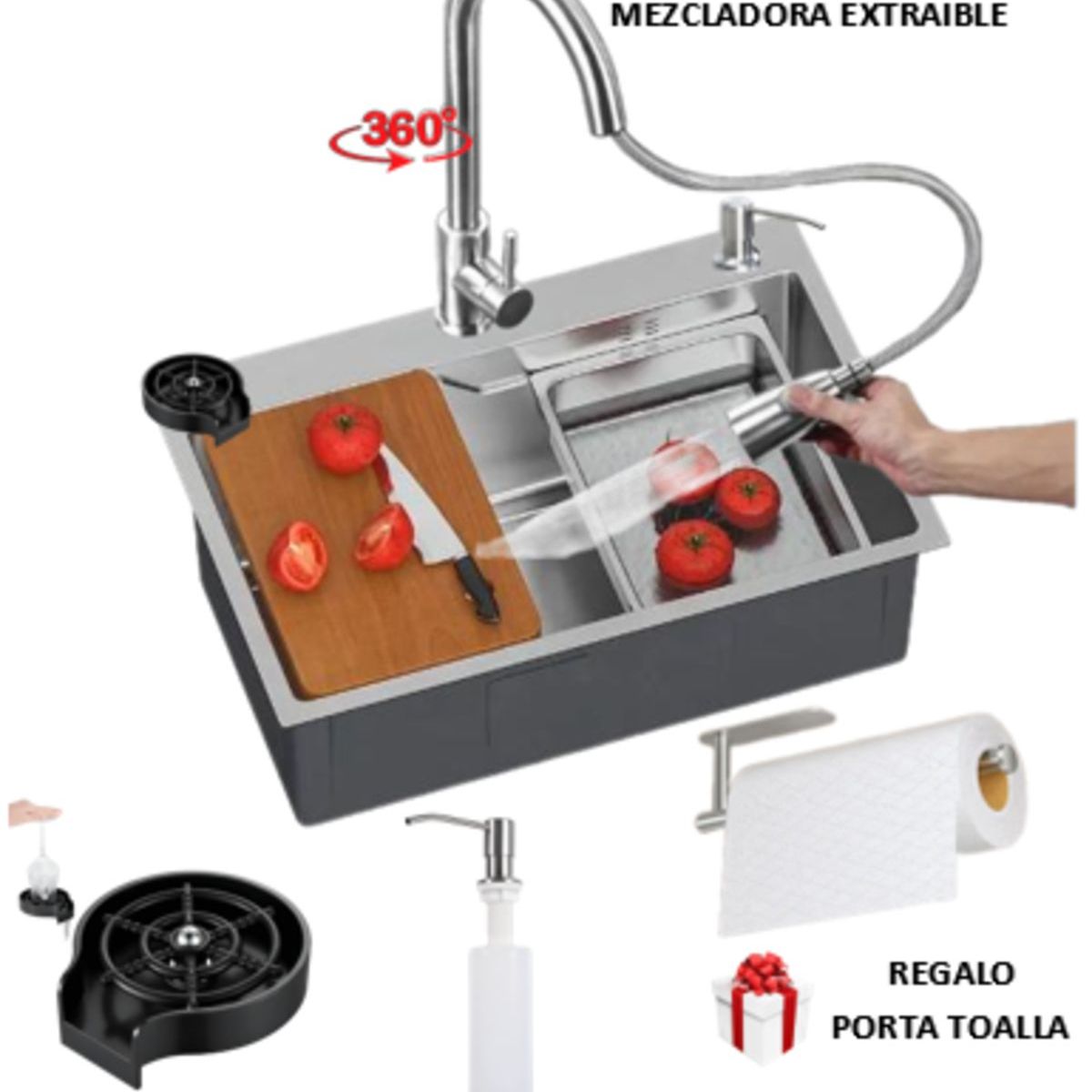 IMPORTADO MC - COMBO 75x45x23CM LAVADERO DE COCINA CON REBOSE  MEZCLADORA EXTRAIBLE