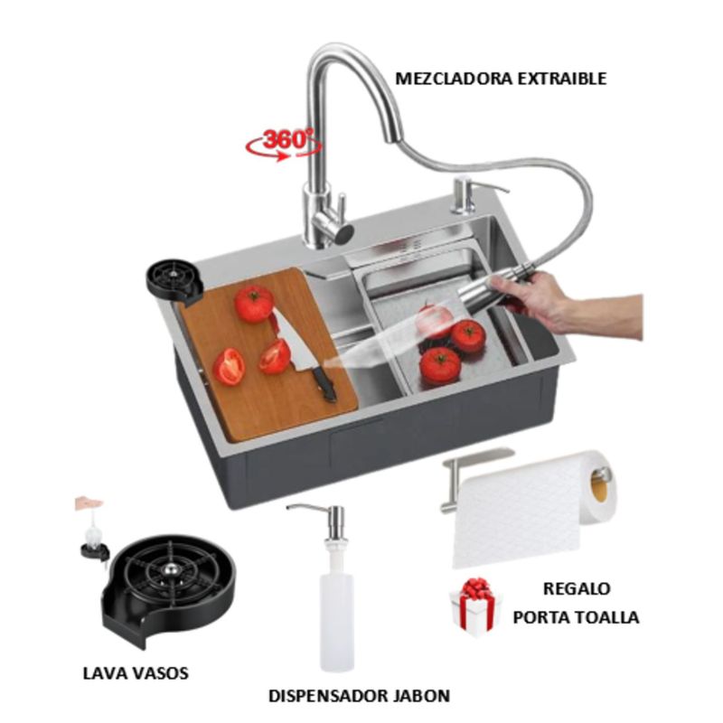 IMPORTADO MC - COMBO 75x45x23CM LAVADERO DE COCINA CON REBOSE  MEZCLADORA EXTRAIBLE